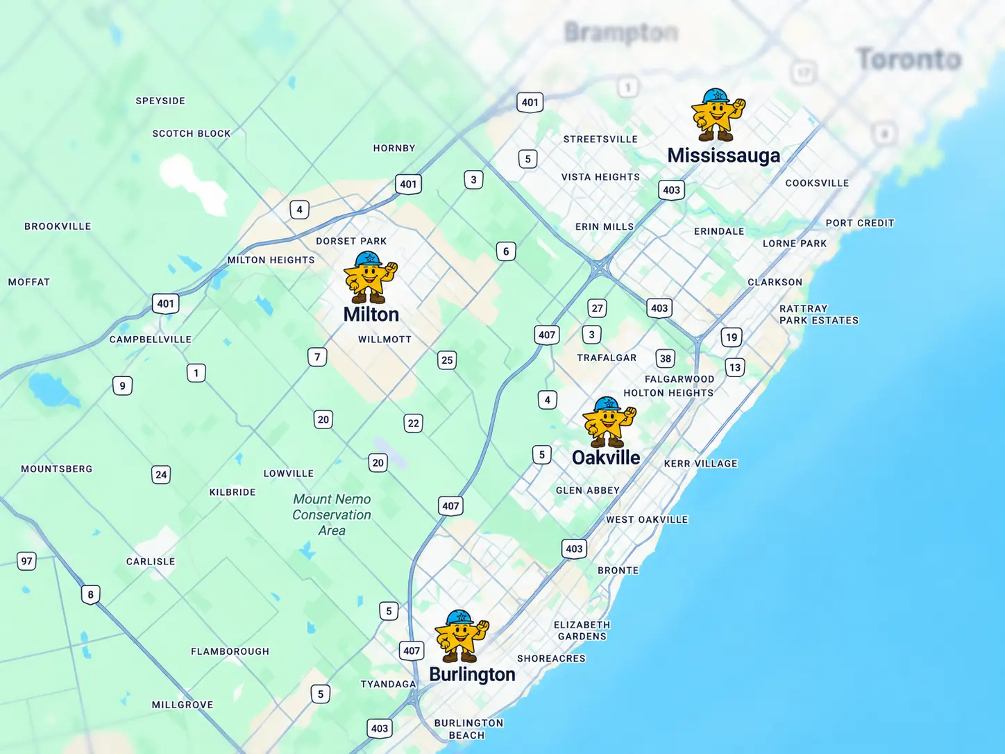 Map of the west Greater Toronto Area showing the four cities BathStar serves — Mississauga, Oakville, Burlington and Milton — along Lake Ontario between Toronto and Hamilton.